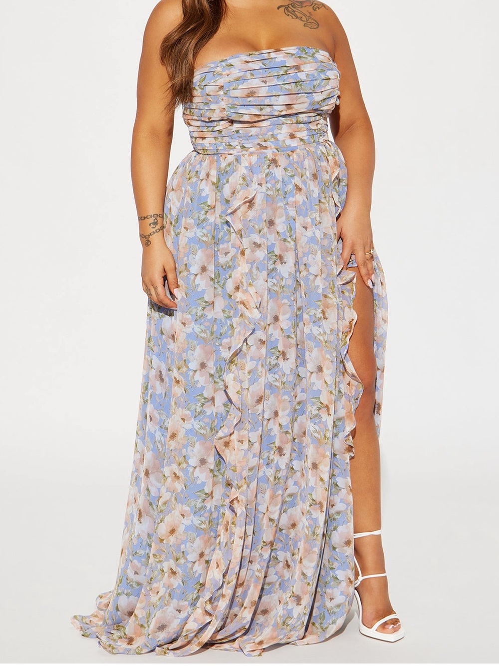 Fashion Nova Strapless Floral Maxi Dress in Light Blue and Peach Blossoms